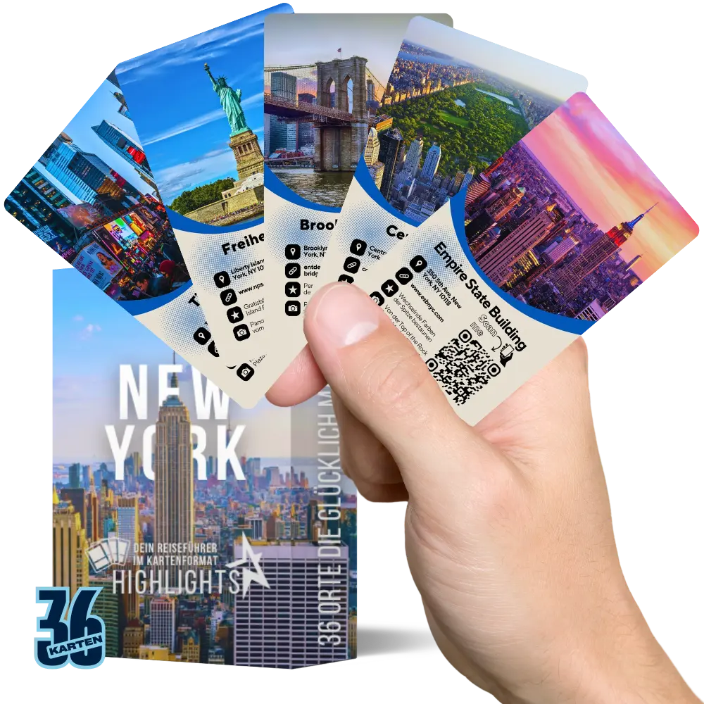 Entdeckerkarten New York Highlights in der Hand mit Motiven der Sightseeing Attraktionen von New York