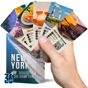 Entdeckerkarten New York in der Hand mit Motiven von den Hamptons auf Long Island