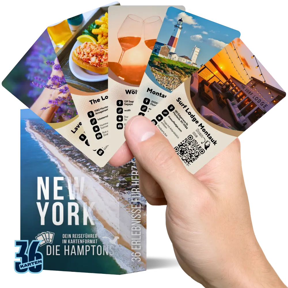 Entdeckerkarten New York in der Hand mit Motiven von den Hamptons auf Long Island