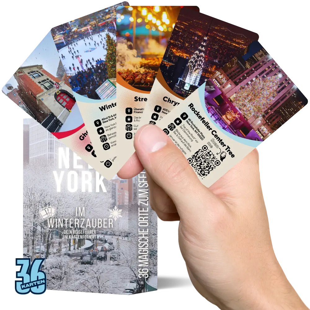 Entdeckerkarten New York Winter in der Hand mit Motiven aus der Weihnachtszeit in New York