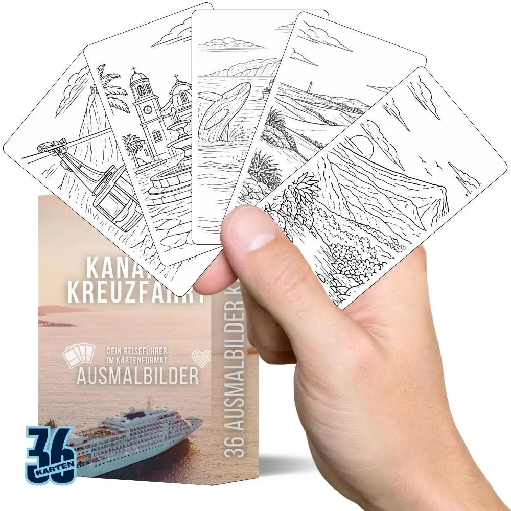 Entdeckerkarten Kanaren Kreuzfahrt Ausmalbilder in der Hand mit Motiven der Kanarischen Inseln