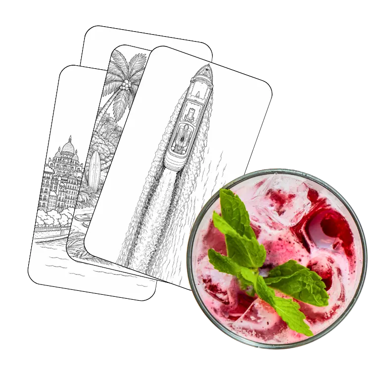 Kreuzfahrtkunst Ausmalbilder mit Drink – Karten mit Reise- und Strandmotiven für kreative Auszeit und Entspannung