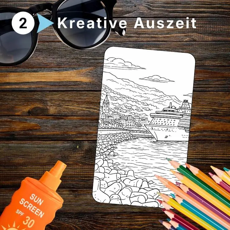 Kreuzfahrtkunst Ausmalbild mit Buntstiften – kreative Auszeit mit Schiffsmotiv für Entspannung und Urlaubsvorfreude
