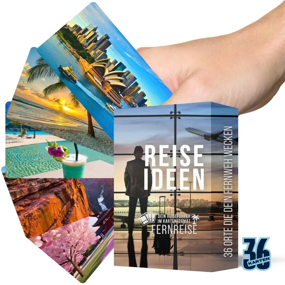 Entdeckerkarten Reiseinspiration Fernziele in der Hand mit Motiven von Sydney, Barbados, Bora Bora, Grand Canyon und Kyoto