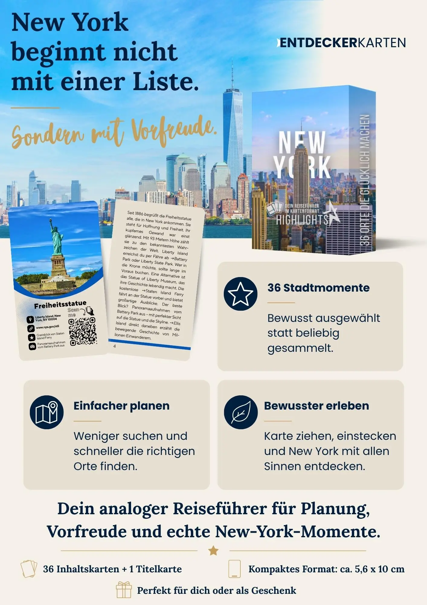 Entdeckerkarten New York Highlights mit Verpackung, Beispielkarten und Vorteilen vor Manhattan-Skyline