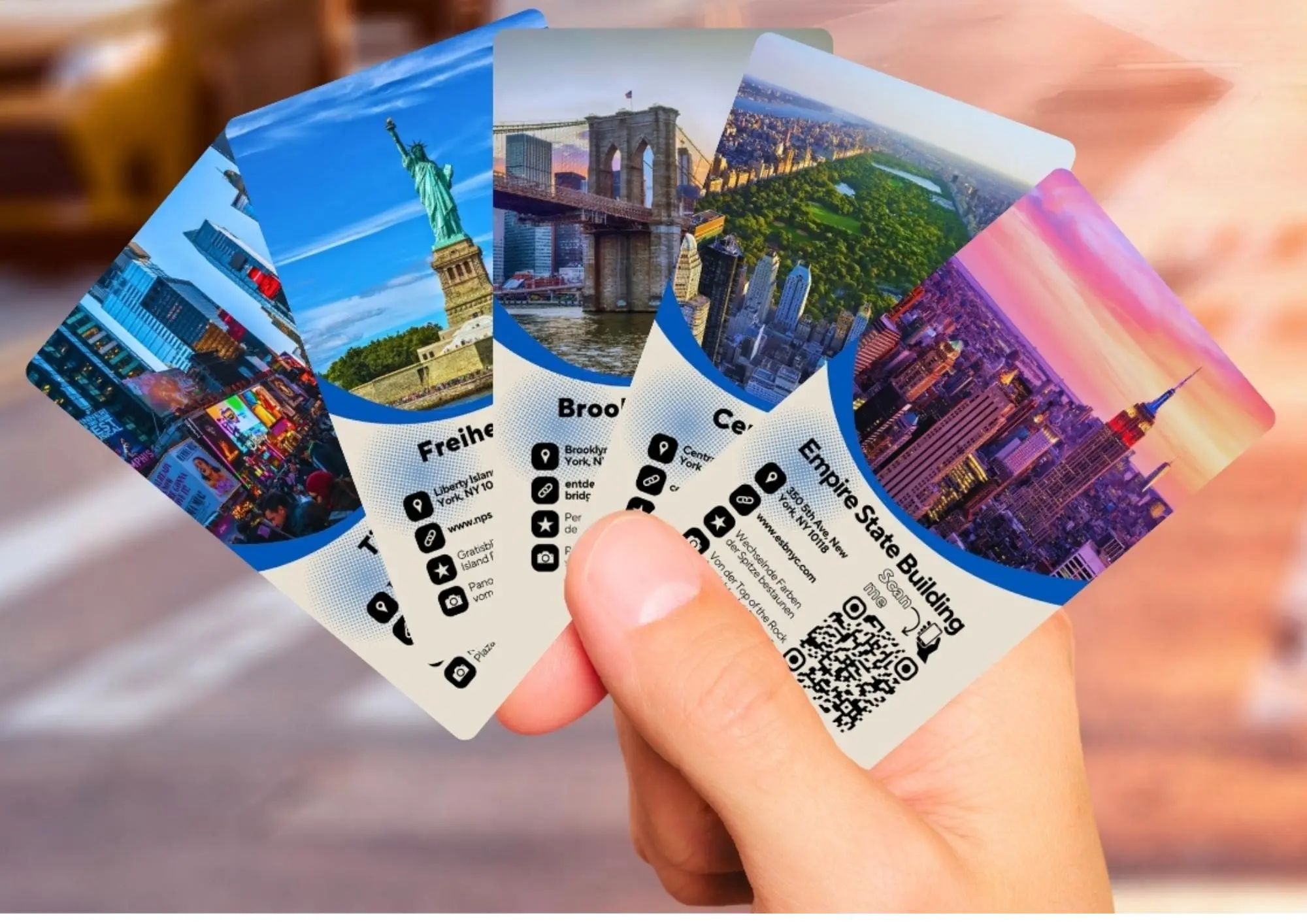 Fünf echte Entdeckerkarten-Musterkarten im Kartenformat für New-York-Reisepartner