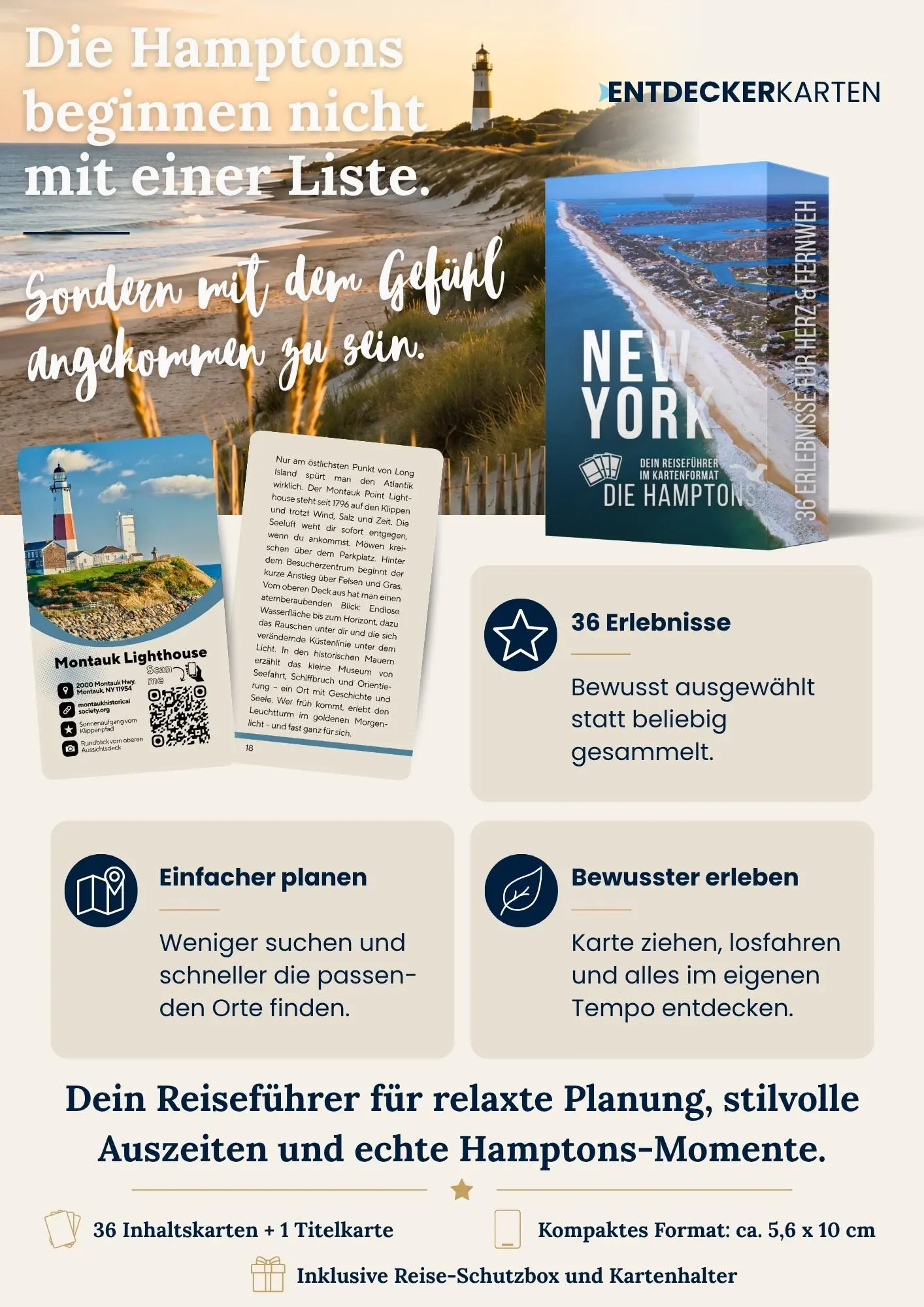 Entdeckerkarten Hamptons mit Schutzbox, Montauk-Lighthouse-Karten und Vorteilen vor Strandkulisse