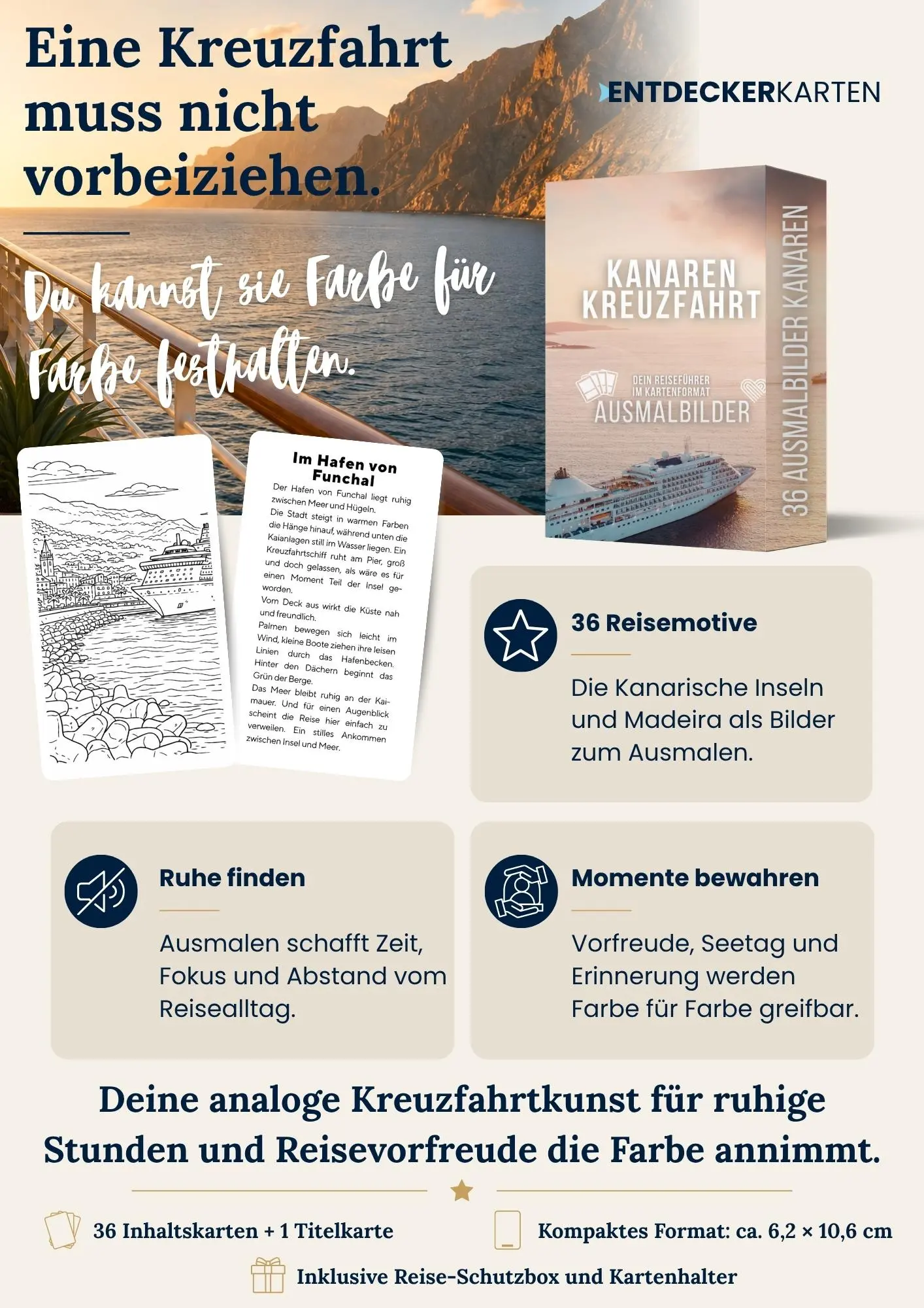 Kanaren-Kreuzfahrt-Ausmalbilder von Entdeckerkarten mit Schutzbox, Beispielkarten und Vorteilen